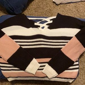 Full circle trends, striped cropped sweater with crisscross back